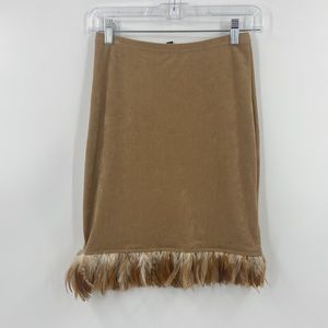 BeBe Western Boho tan body con mini skirt with feather trim small